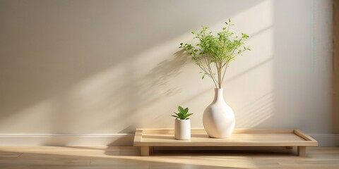 Serene Minimalist Home Decor Sunlight Illuminates Elegant Plant Arrangement on Wooden Tray