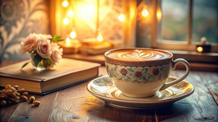 Warm Evening Ambiance A Cup of Latte Art Coffee, a Book, and Soft Lighting Create a Cozy Atmosphere