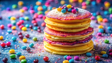 A delightful stack of colorful pancakes adorned with sweet candies and a dusting of powdered sugar, a vibrant and tempting breakfast treat