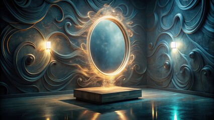 Enchanted Portal Display Glowing Oval Mirror with Mystical Energy and Ornate Wall