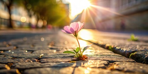 Resilience personified A delicate blossom thrives amidst urban paving stones, bathed in the warm glow of the setting sun.