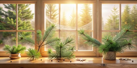 Serene Winter Solstice Window Sill with Evergreen Branches and Festive Decor