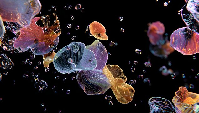 Abstract colorful translucent organic shapes suspended in dark water with small bubbles and light reflections creating a vibrant and dynamic visual effect - Powered by Adobe
