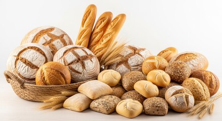 Assorted Artisan Bread Loaves and Rolls in Wicker Basket Still Life