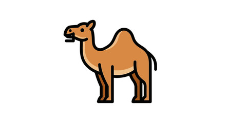 Stylized camel with brown coat and black outline standing on white background isolated icon