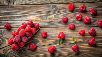 Rustic Wooden Surface Adorned with a Bountiful Collection of Fresh Raspberries, Arranged in a Wooden Tray and Scattered Artistically