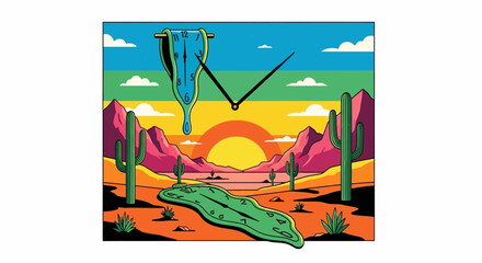 Surreal desert landscape with melting clock and vibrant colors portraying timelessness © DARK