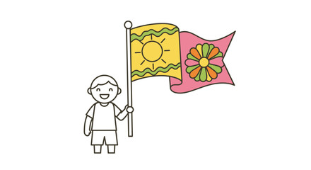 Cheerful child waving a vibrant flag featuring sun and floral motifs, outlined in a simple style