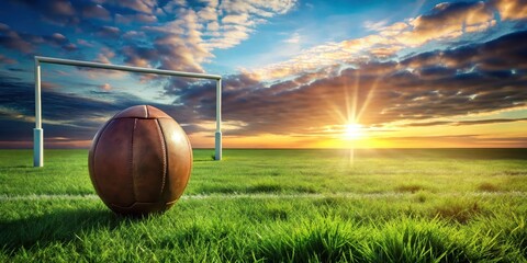 A lone leather ball rests on a vibrant green field at sunset, silhouetted against a dramatic sky, near a simple goalpost.
