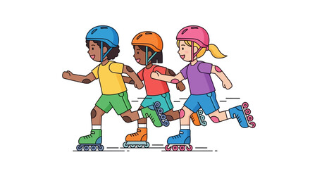 Enthusiastic kids enjoying roller skating adventure, promoting active lifestyle and outdoor fun