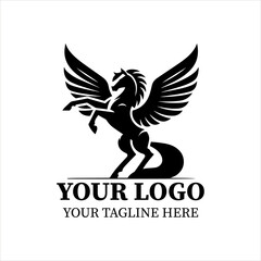 Obraz premium Pegasus Logo Vector – Minimalist Black Silhouette of Mythical Winged Horse in Graceful Flight, Flat 2D Design for Elegant Branding and Fantasy Concepts