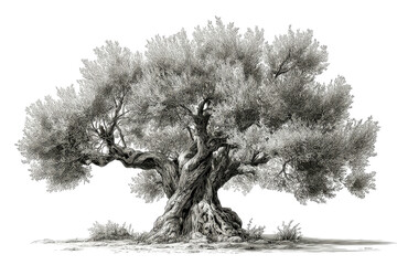 Gray-scale drawing of a large, gnarled olive tree