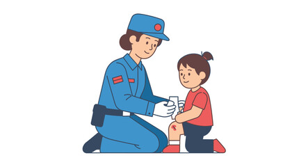 Cartoon scene depicting a police officer providing first aid to a young child with a knee injury