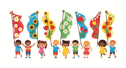 Cheerful children parade waving flower adorned flags, symbolizing joy and vibrant community spirit