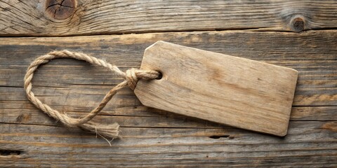 Rustic Wooden Tag with Hemp Rope on Weathered Planks Ideal for Vintage Designs and Rustic Backgrounds