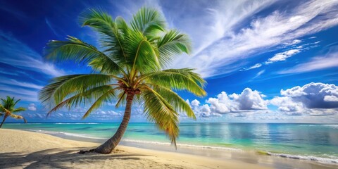 Serene coastal paradise showcasing a majestic palm tree gracefully bending towards a tranquil turquoise ocean under a vibrant sky with fluffy clouds