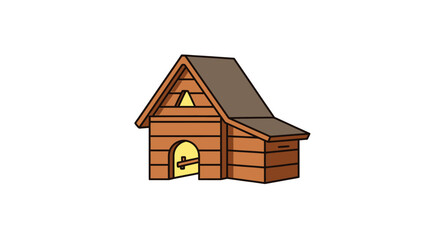 Detailed cartoon illustration of a wooden pet house with a gable roof and latch door design