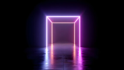 Illuminated rectangular portal glowing with vibrant pink and blue neon lights reflecting on a wet dark surface creating an abstract futuristic tunnel entrance