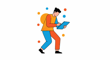 Stylized character using digital tablet for creative work with playful backdrop elements