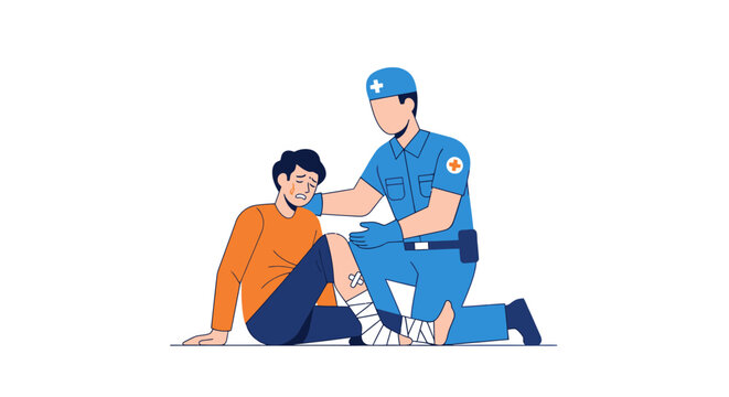 Cartoon paramedic assisting an injured man with bandaged leg, displaying compassion and support