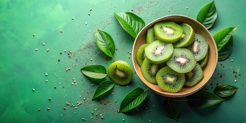 Sliced kiwi fruit in a bowl with fresh green leaves and seeds on a textured green background