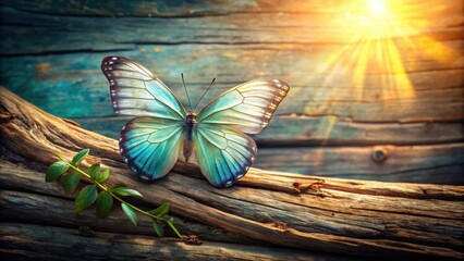 Serene teal butterfly resting on aged wood, bathed in warm sunlight, symbolizes tranquility and the beauty of nature's delicate wonders.