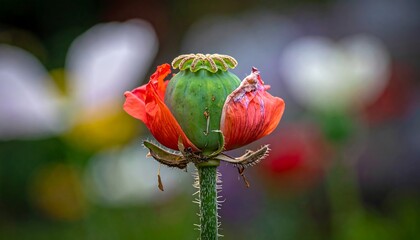 Close-up of a poppy flower with seed pod, vibrant against a blurred backdrop
