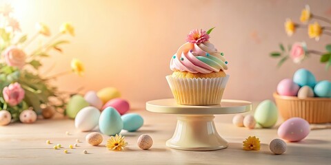 Delightful pastel cupcake adorned with a vibrant floral arrangement, delicately placed on a pedestal cake stand, surrounded by an assortment of colorful Easter eggs and spring blossoms