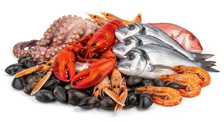 Fresh Catch Seafood Still Life Arrangement on White Background Food