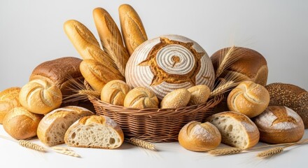 Fresh Assorted Bread Variety with Wheat Stalks in Wicker Basket