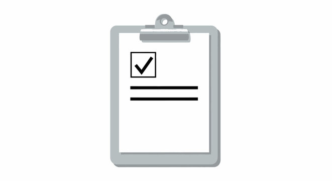 Simple grey clipboard illustration with checked box and lines on a white background