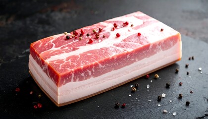 Close-up of a rectangular slab of cured pork belly with peppercorns