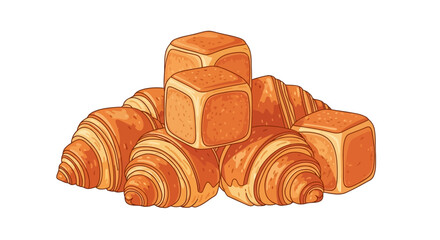 A beautifully drawn set of assorted gourmet round pastries with sweet, swirled cream fillings like chocolate, vanilla, and pistachio, isolated on white