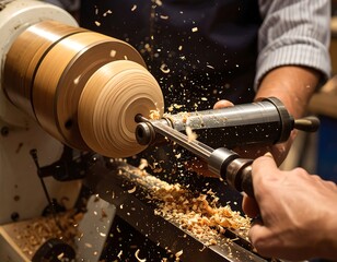 Craftsman shaping wood on a spinning lathe