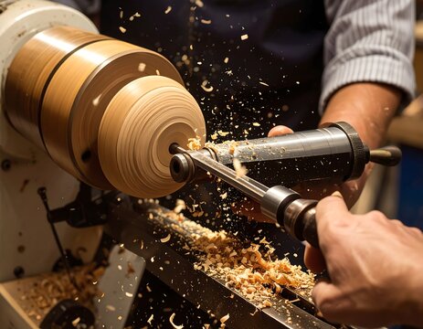 Craftsman shaping wood on a spinning lathe