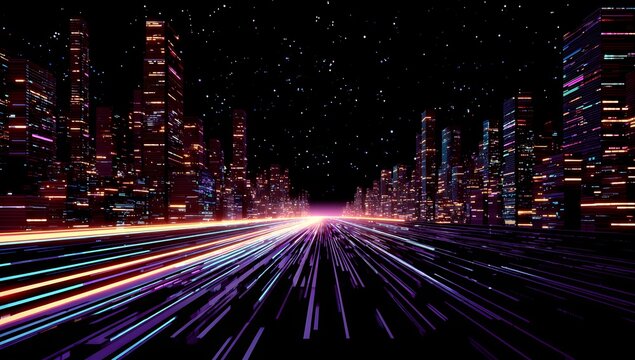 Abstract futuristic cityscape at night with streaks of light representing speed and motion on a dark background with glowing buildings and stars