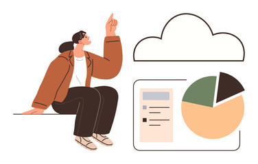 Individual gestures toward cloud symbol, accompanied by a pie chart and checklist reflecting data storage and analysis. Ideal for cloud computing, data analysis, technology concepts, remote work