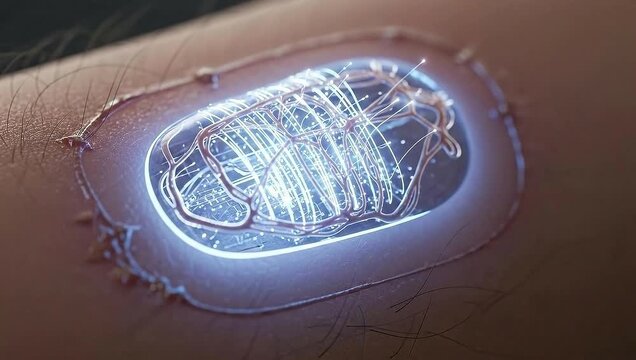 Futuristic Glowing Implantable Device Embedded Under Human Skin, Representing Advanced Biotechnology and Medical Innovation.