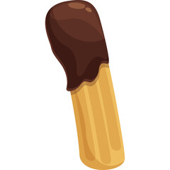 Churro pastry dipped in melted dark chocolate topping isolated on white background with no text and no people