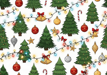 Christmas Trees and Festive Decorations Seamless Pattern.