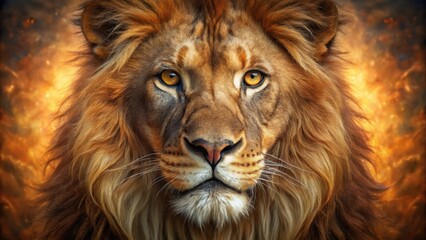 Fototapeta premium Majestic Lion Portrait Against a Fiery, Abstract Background Featuring Intense Gaze and Luxurious Mane