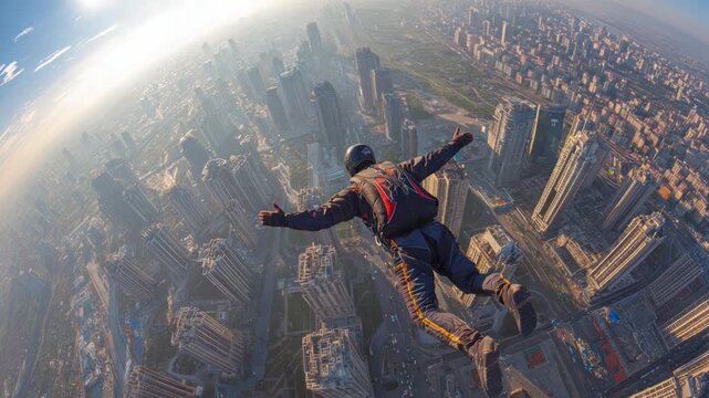  Soaring Above the City: An individual in a specialized suit soars through the sky, against a backdrop of towering buildings and an expansive cityscape.