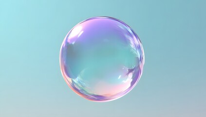 Obraz premium A single iridescent soap bubble floats in a soft pastel blue background reflecting a spectrum of vibrant colors and light