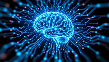 digital brain activity in shifting hues of blue and electric cyan.