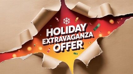 Discover the holiday extravaganza offer revealed from torn paper with confetti, perfect for festive promotions, seasonal sales, and exciting limited-time discounts to boost holiday cheer