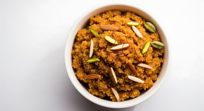 Delicious indian sweet dish, moong dal halwa, served in a white bowl, garnished with almonds and pistachios, showcasing traditional indian dessert