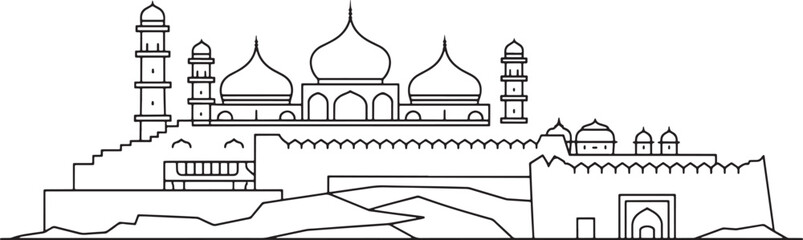 Linear Outline of Historical Mosque Structure Riverfront Silhouette Vector on Transparency