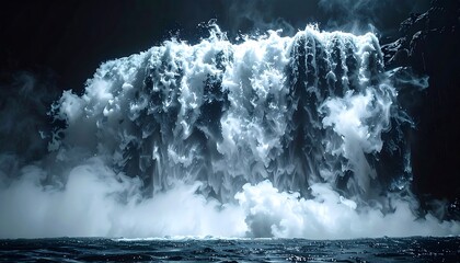 Dark atmospheric image of a cascading wall of water and mist
