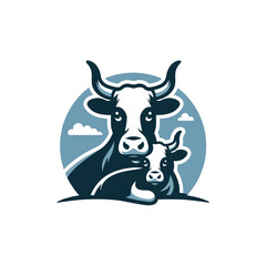 Stylized Cow and Calf Illustration with Blue Accents and Horns