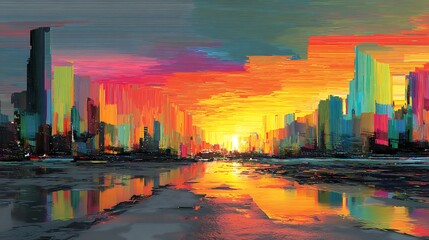 Colorful glitch art cityscape with bright reflections high resolution photo